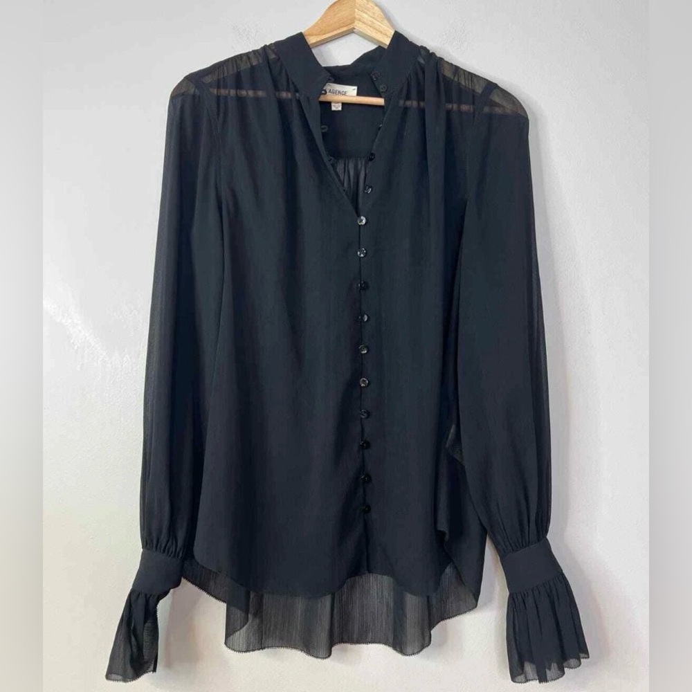 L'agence Womens Balloon Long Sleeved Black Sheer Button Blouse Classic Sz L NWOT - Picture 3 of 8